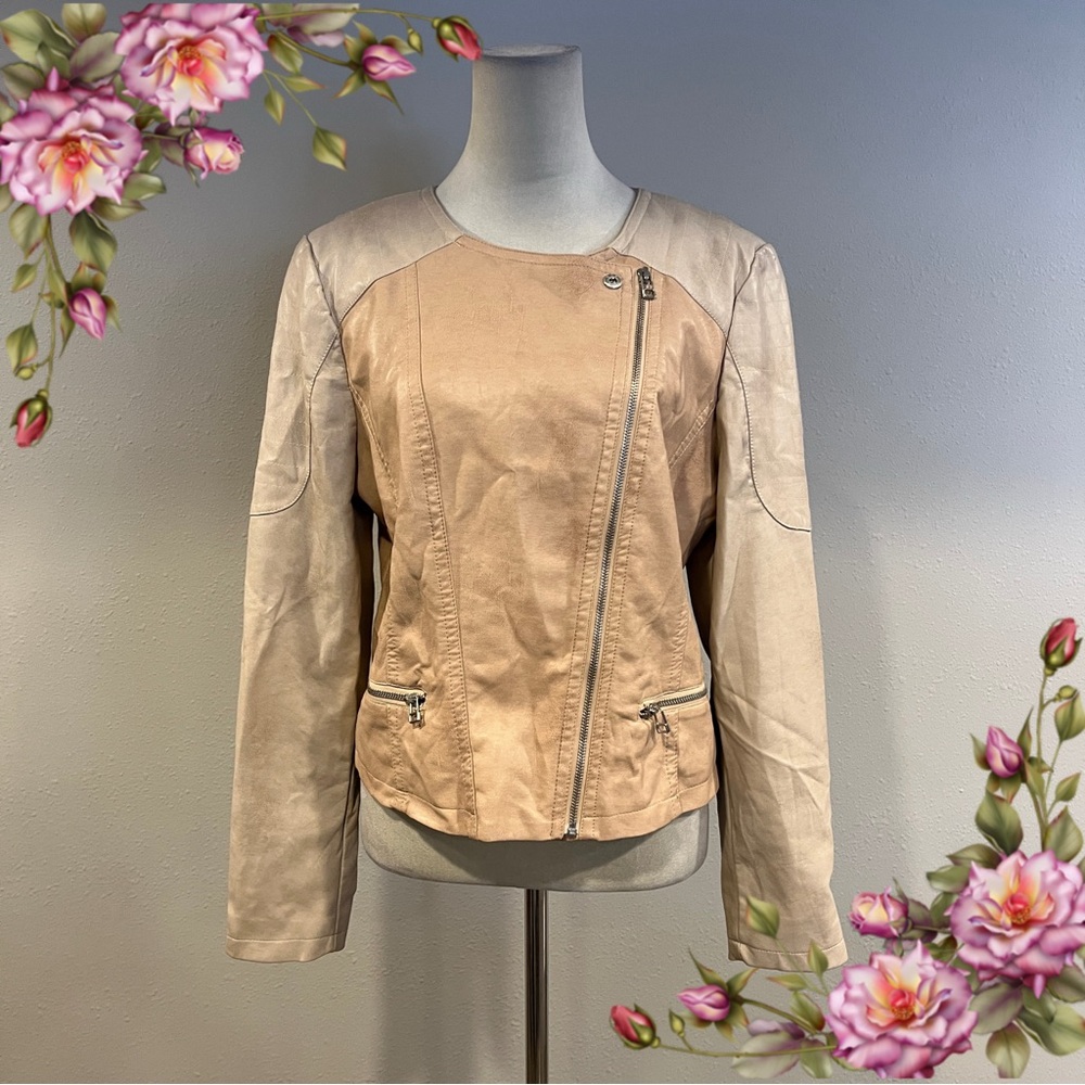 Fake imitation leather‎ zip up Beige Jacket
